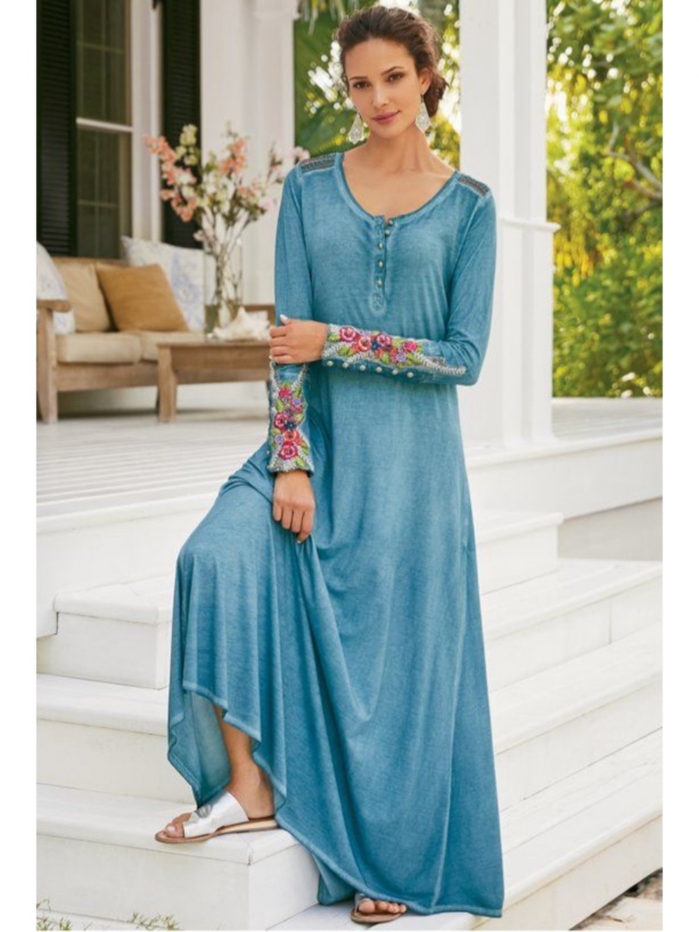 Soft Surroundings Ava Floral Embroidered Maxi Dress Women's XS Boho Coastal
